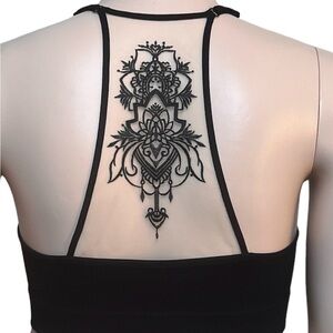 Plus Size Boho Tattoo Mesh Racerback Black Bralette 1X/2X